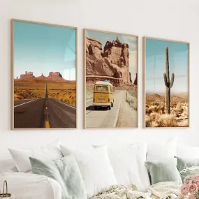 Arizona Desert Travel Art. Grand Canyon, Retro Van, Cactus