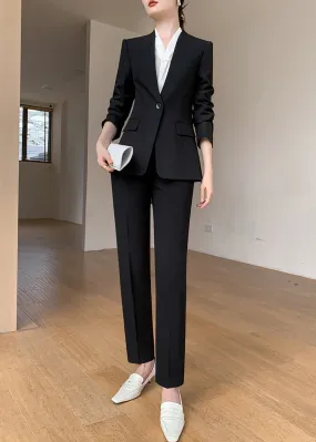 Black One Button Blazer & Cropped Pants Suit Two-Piece Set