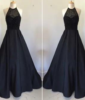 Black round neck satin long prom dress, black evening dress