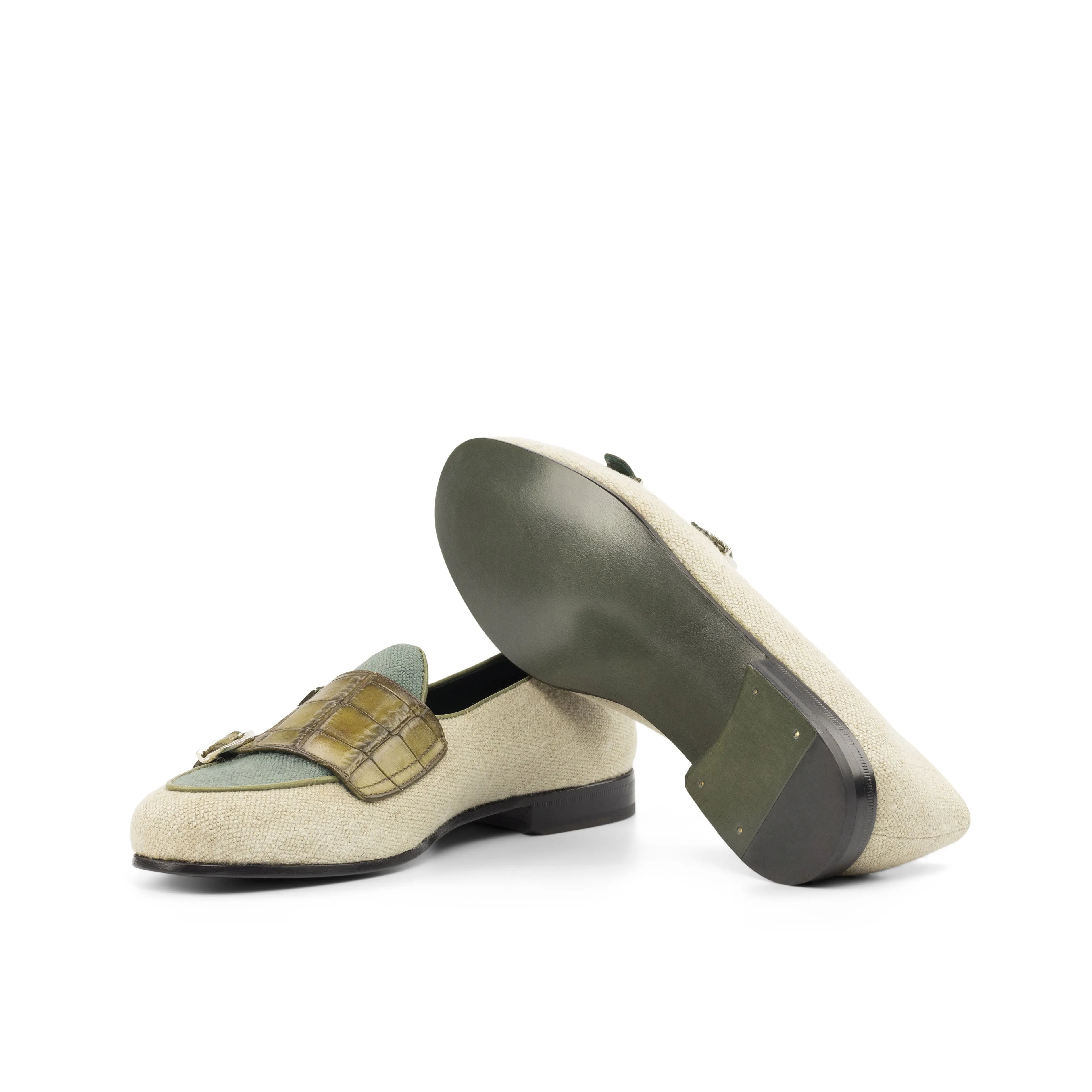 DapperFam Rialto in Ice / Khaki / Olive Men's Linen & Italian Leather Monk Slipper