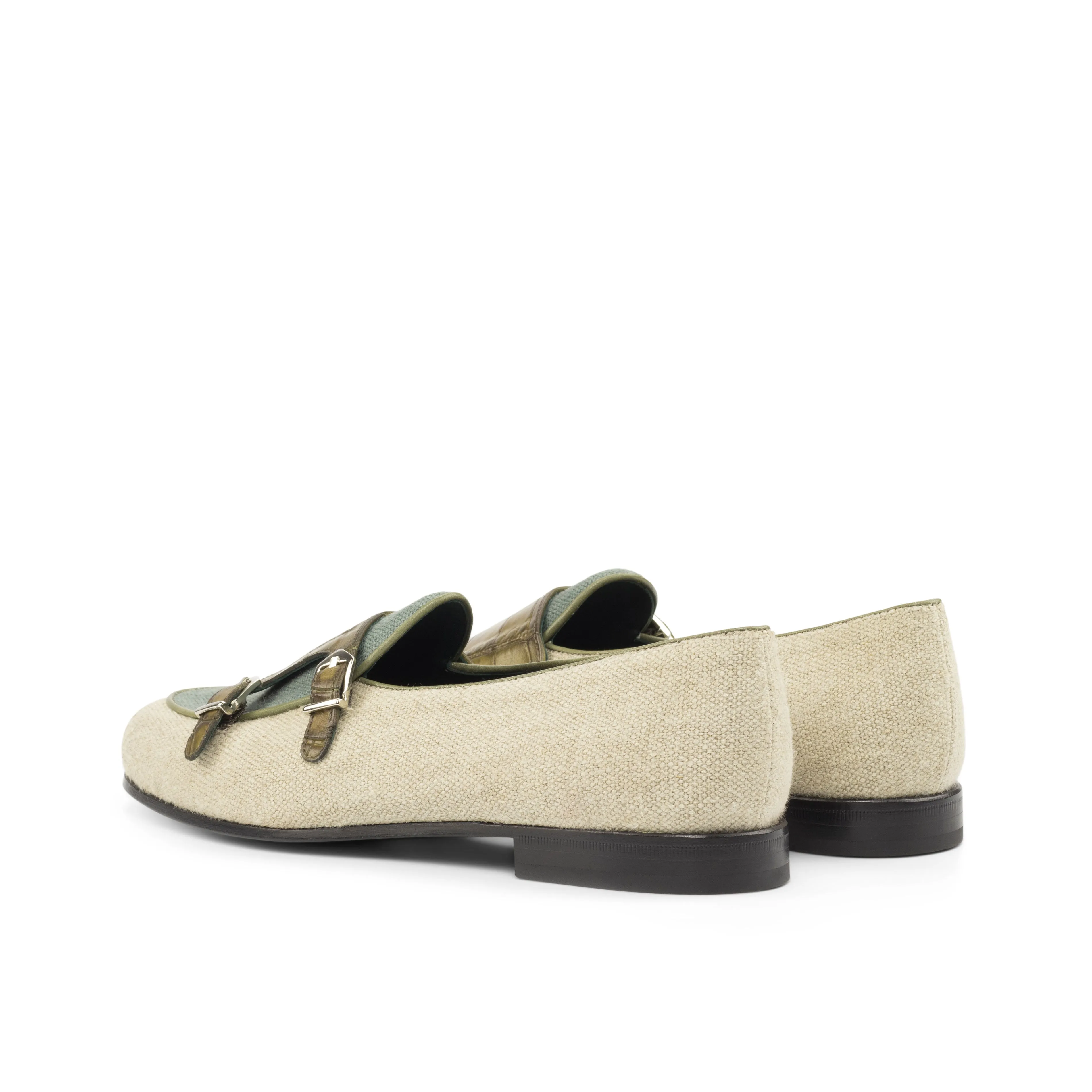 DapperFam Rialto in Ice / Khaki / Olive Men's Linen & Italian Leather Monk Slipper